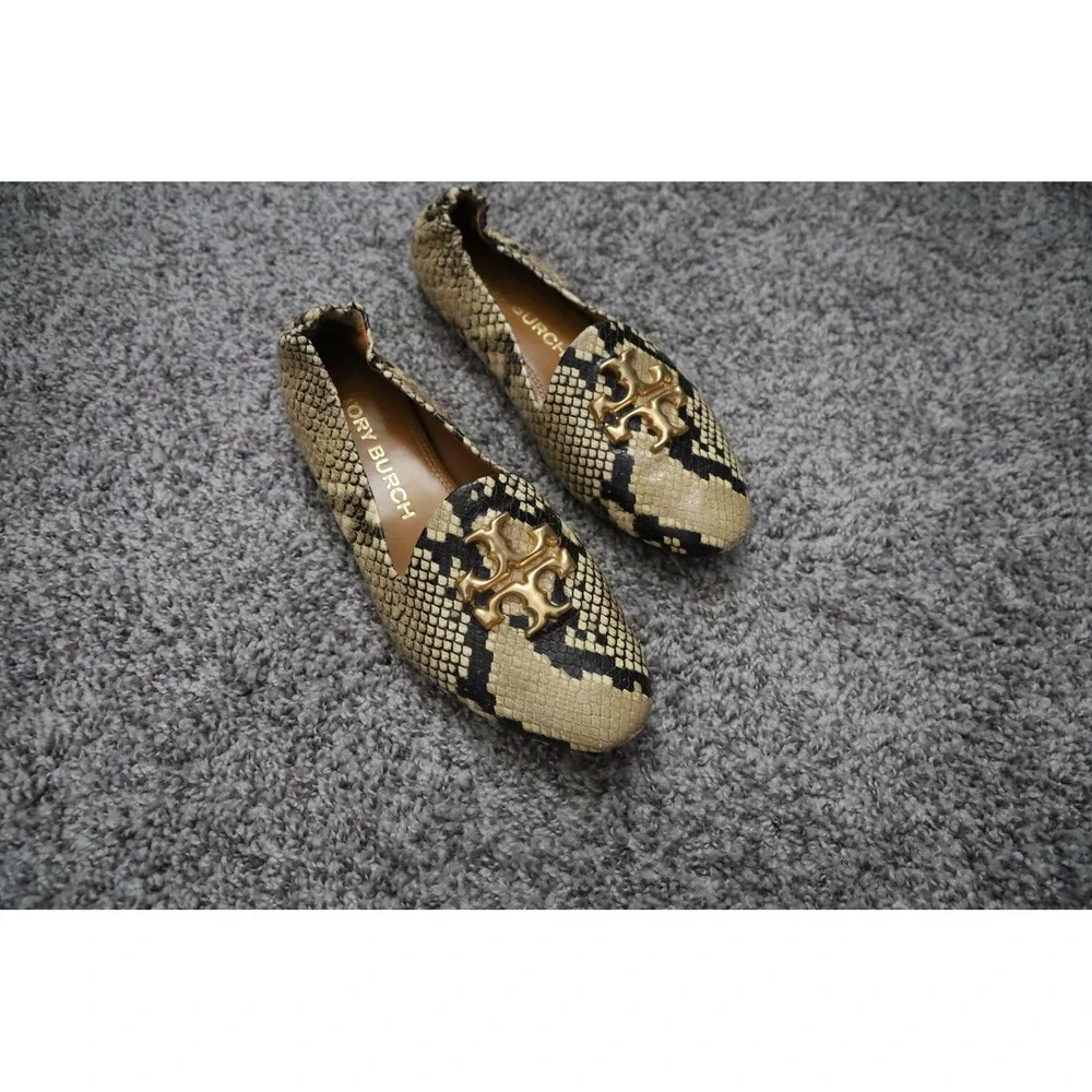 Tory Burch Eleanor Loafer Snake Embossed Leather Gold Logo Flats Size 7M Neutral